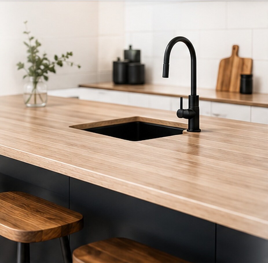 Completed oak-look kitchen benchtop installation