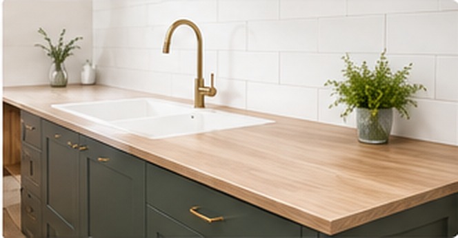 Oak benchtop with dark cabinetry